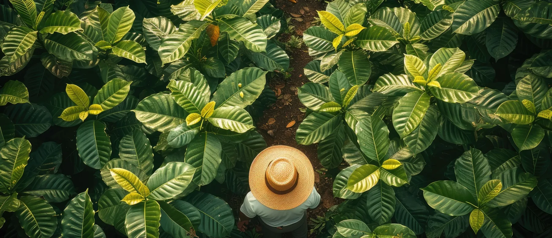Coffee producer working among dense coffee plants