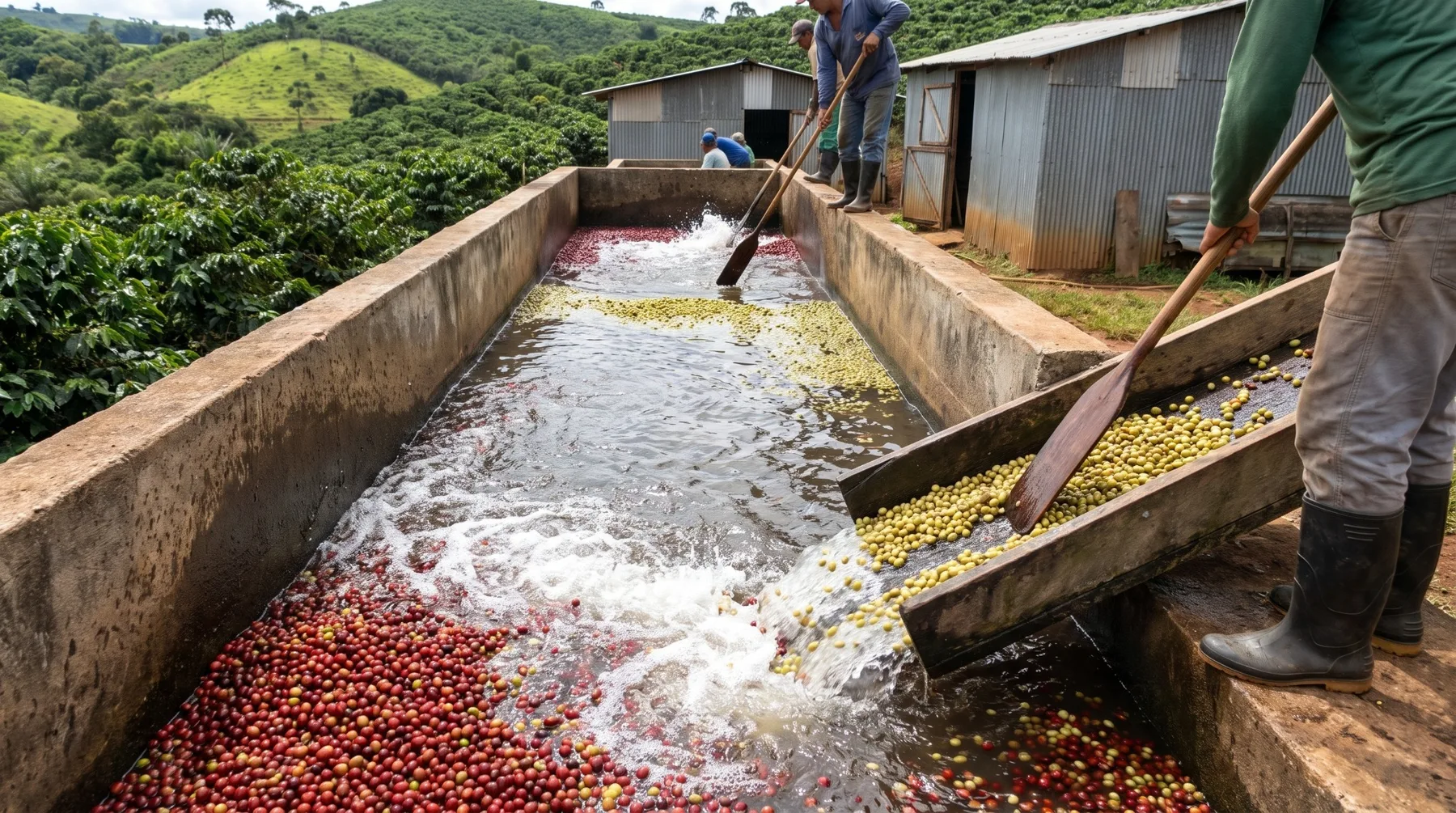 Coffee being washed and processed in Brazil